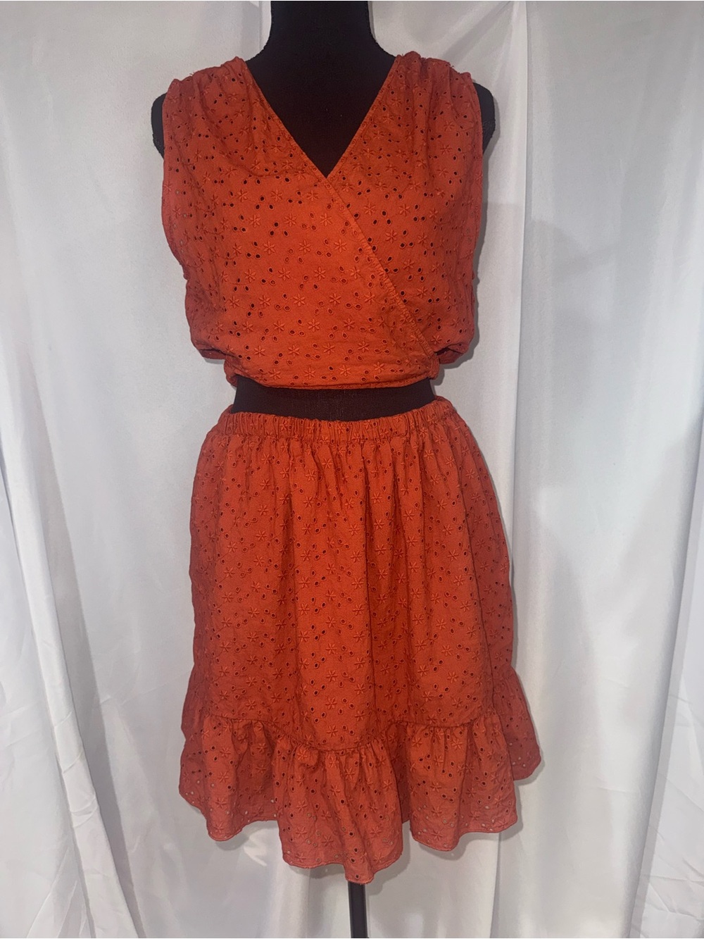 Zara Rust Orange Eyelet Tiered Mini Dress